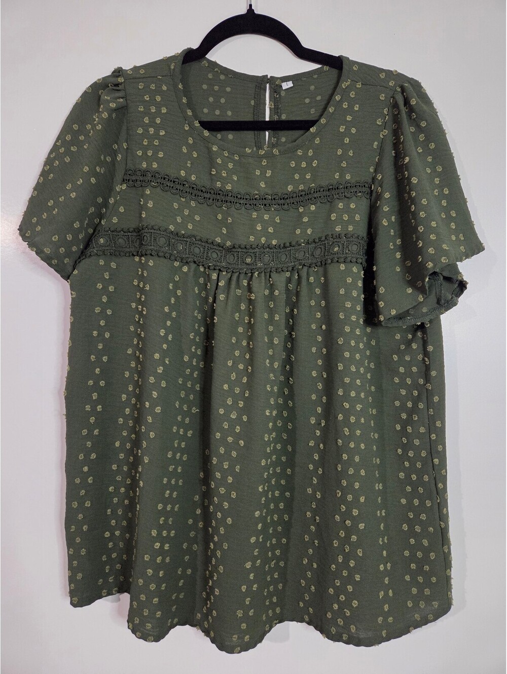 Olive Green Polka Dot Short Sleeve Blouse with Lace Detail Size Large